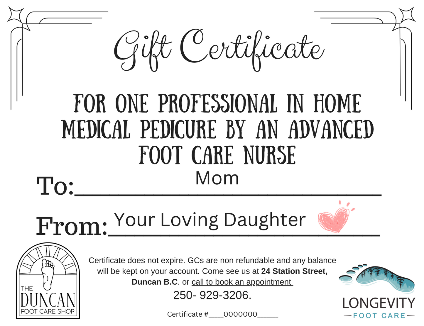 Gift Certificate for In Home Nursing Foot Care